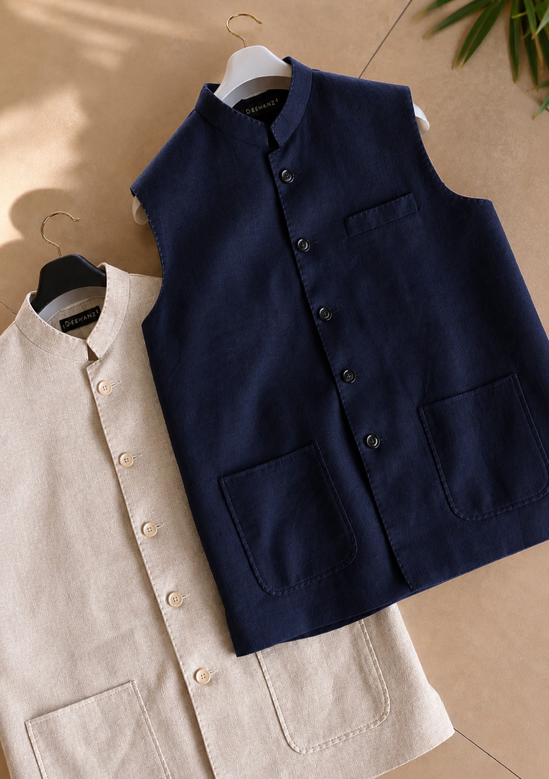 Navy Blue 100% Linen Nehru Jacket with Patch Pockets | Premium Men’s Waistcoat