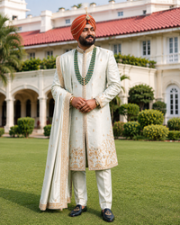 Ivory Embroidered Sherwani Set with Kurta Pyjama | Premium Wedding Sherwani for Men