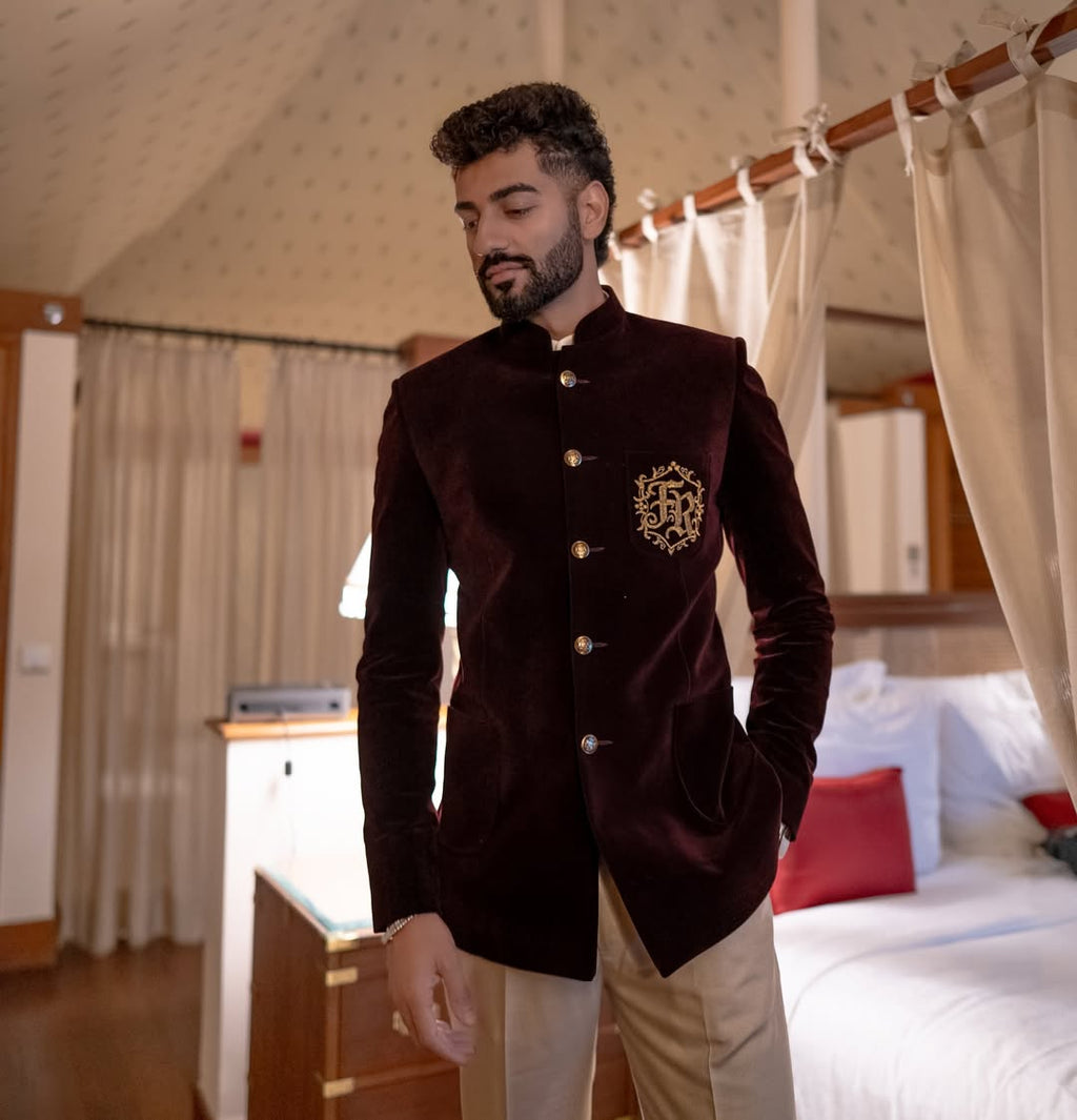 Velvet Bandhgala with Custom Monogram Embroidery