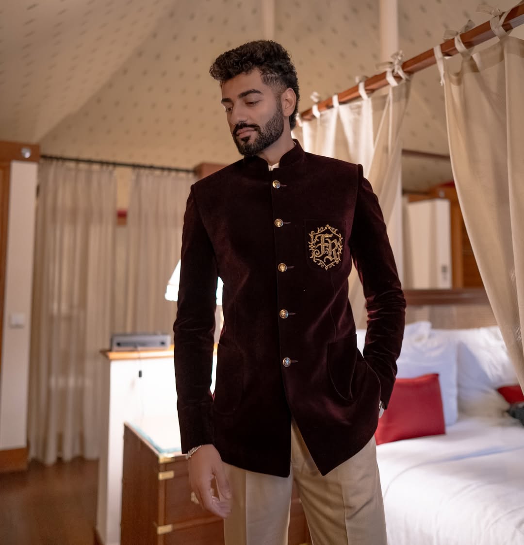 Velvet Bandhgala with Custom Monogram Embroidery