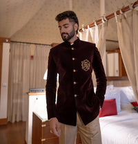Velvet Bandhgala with Custom Monogram Embroidery