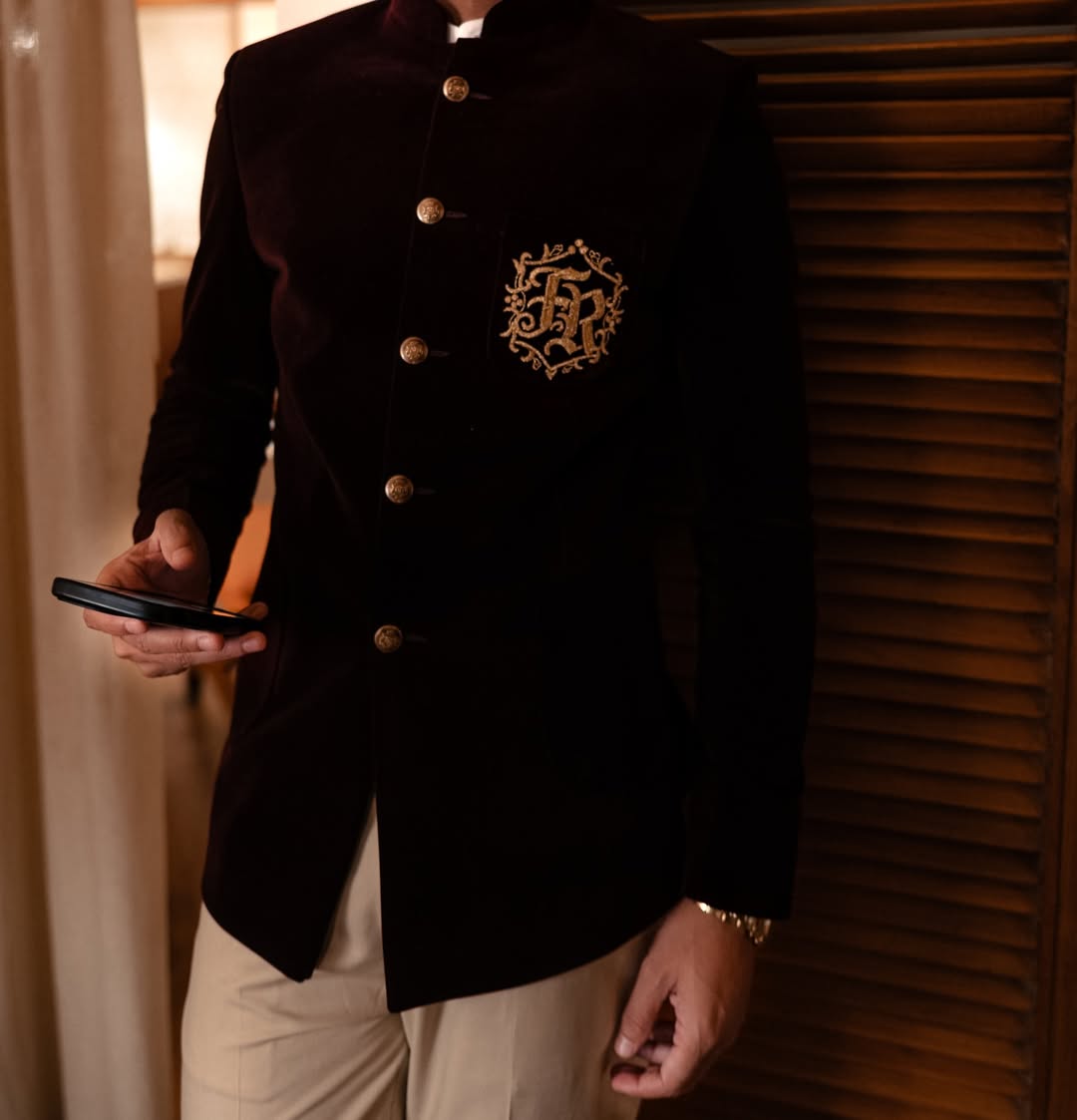 Velvet Bandhgala with Custom Monogram Embroidery