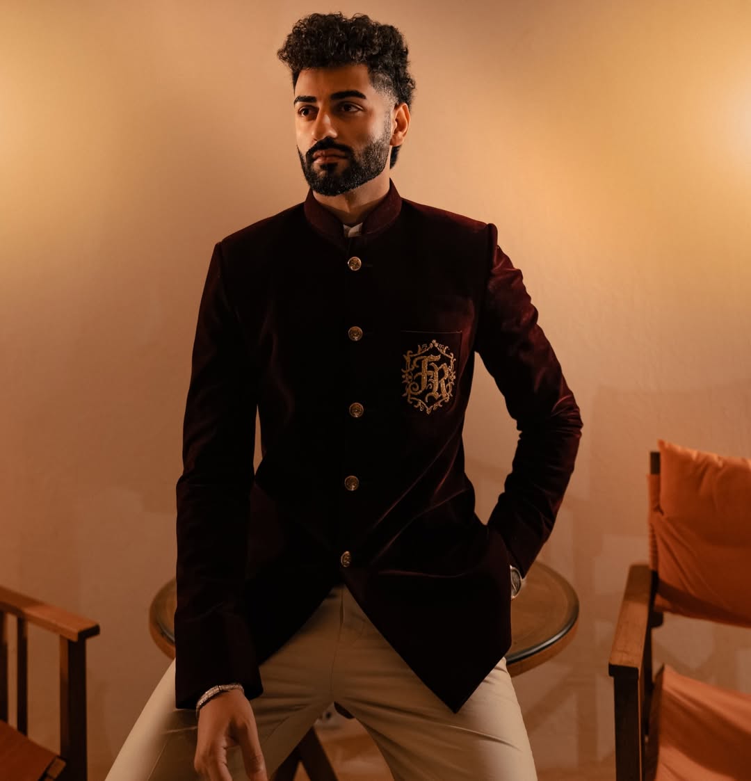 Velvet Bandhgala with Custom Monogram Embroidery