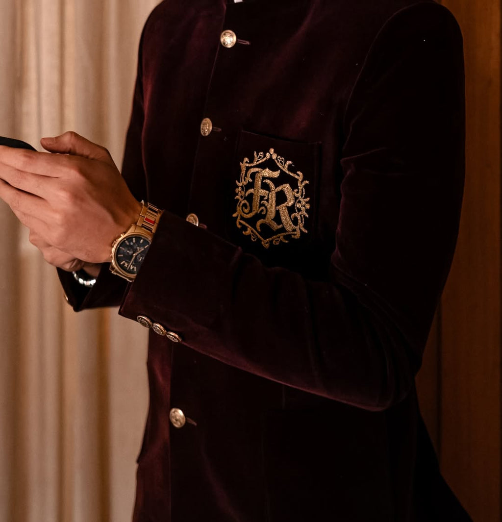 Velvet Bandhgala with Custom Monogram Embroidery