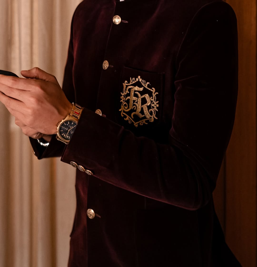 Velvet Bandhgala with Custom Monogram Embroidery