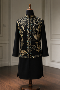 Luxury Black Japanese Fabric Dabka Embroidered Bandhgala Set