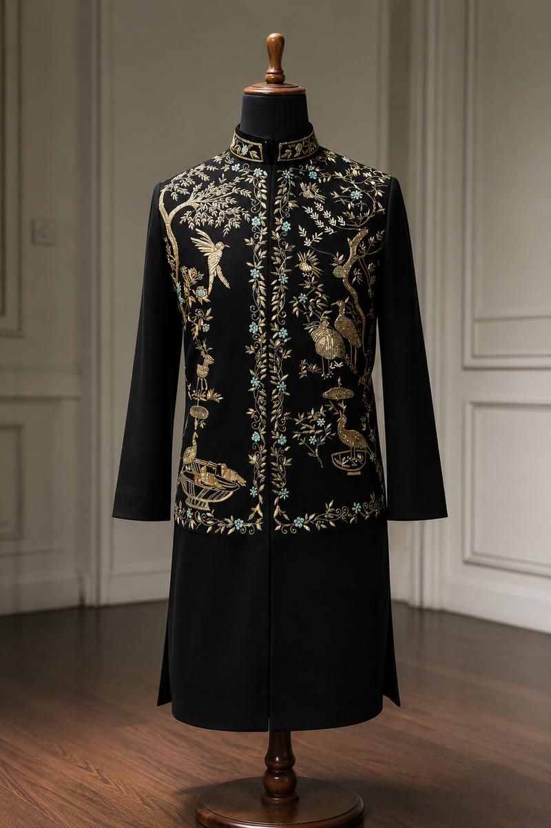 Luxury Black Japanese Fabric Dabka Embroidered Bandhgala Set