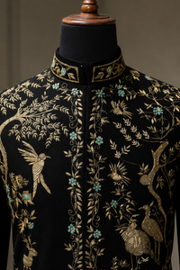 Luxury Black Japanese Fabric Dabka Embroidered Bandhgala Set