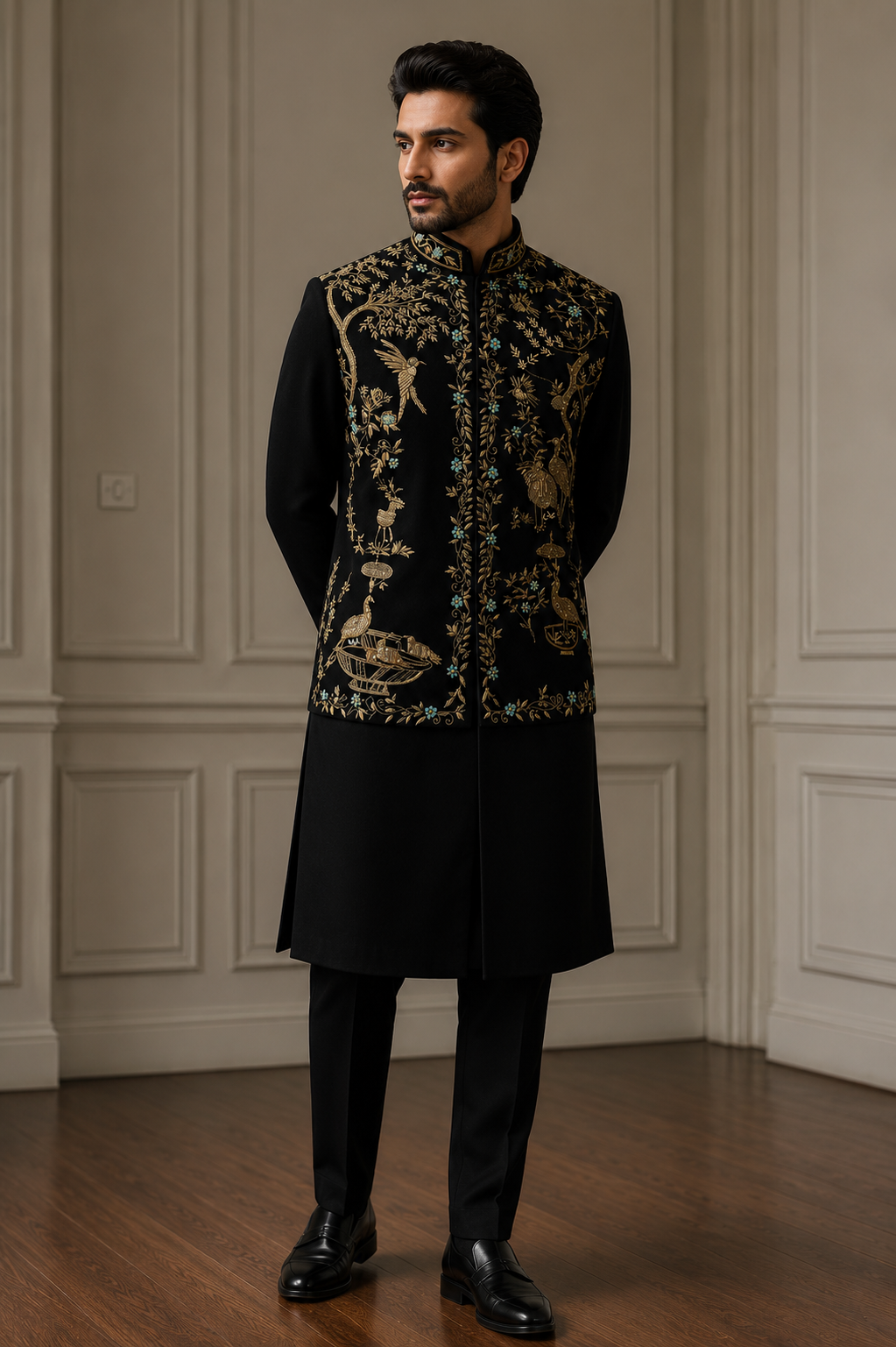 Luxury Black Japanese Fabric Dabka Embroidered Bandhgala Set