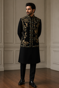 Luxury Black Japanese Fabric Dabka Embroidered Bandhgala Set