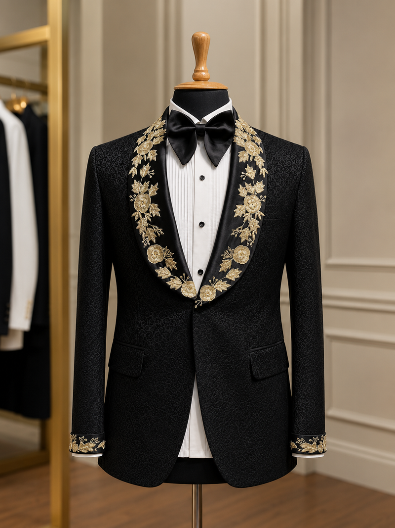 Luxury Black Japanese Fabric Tuxedo with Hand-Embroidered Lapels
