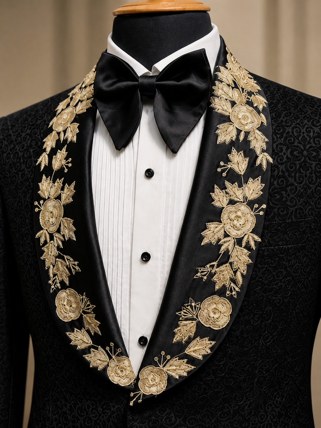 Black tux with embroidered lapels in japanese fabric