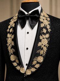 Black tux with embroidered lapels in japanese fabric
