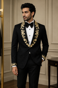 Black tux with embroidered lapels in japanese fabric