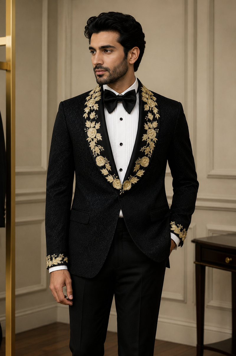 Luxury Black Japanese Fabric Tuxedo with Hand-Embroidered Lapels