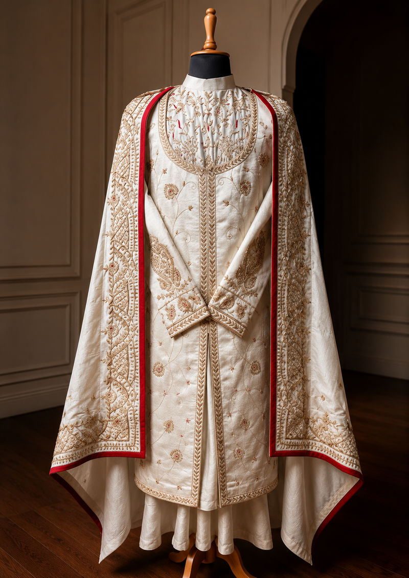 Luxury Silk Sherwani with Heavy Hand Embroidery & Contrast Piped Stole