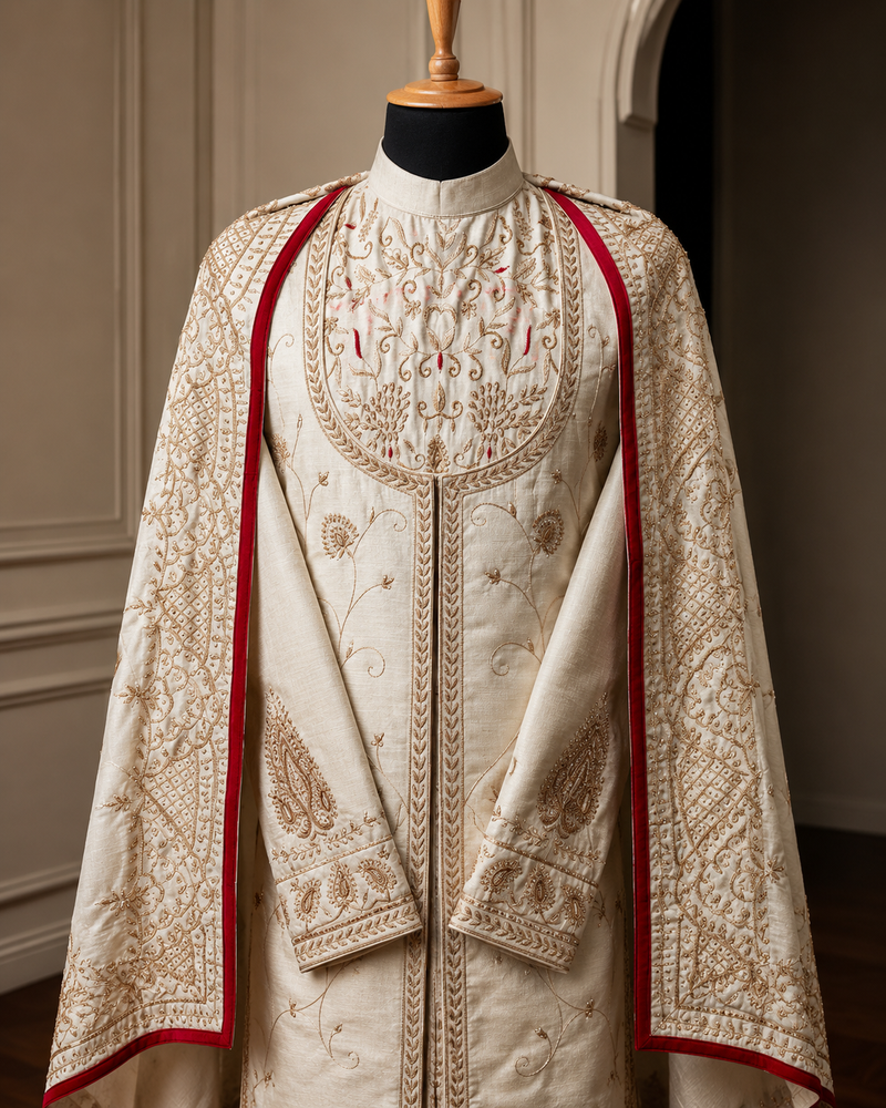 Luxury Silk Sherwani with Heavy Hand Embroidery & Contrast Piped Stole