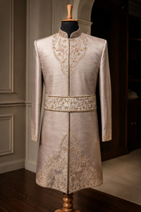 Satin silk slub sherwani hand embroidery compiled with belt