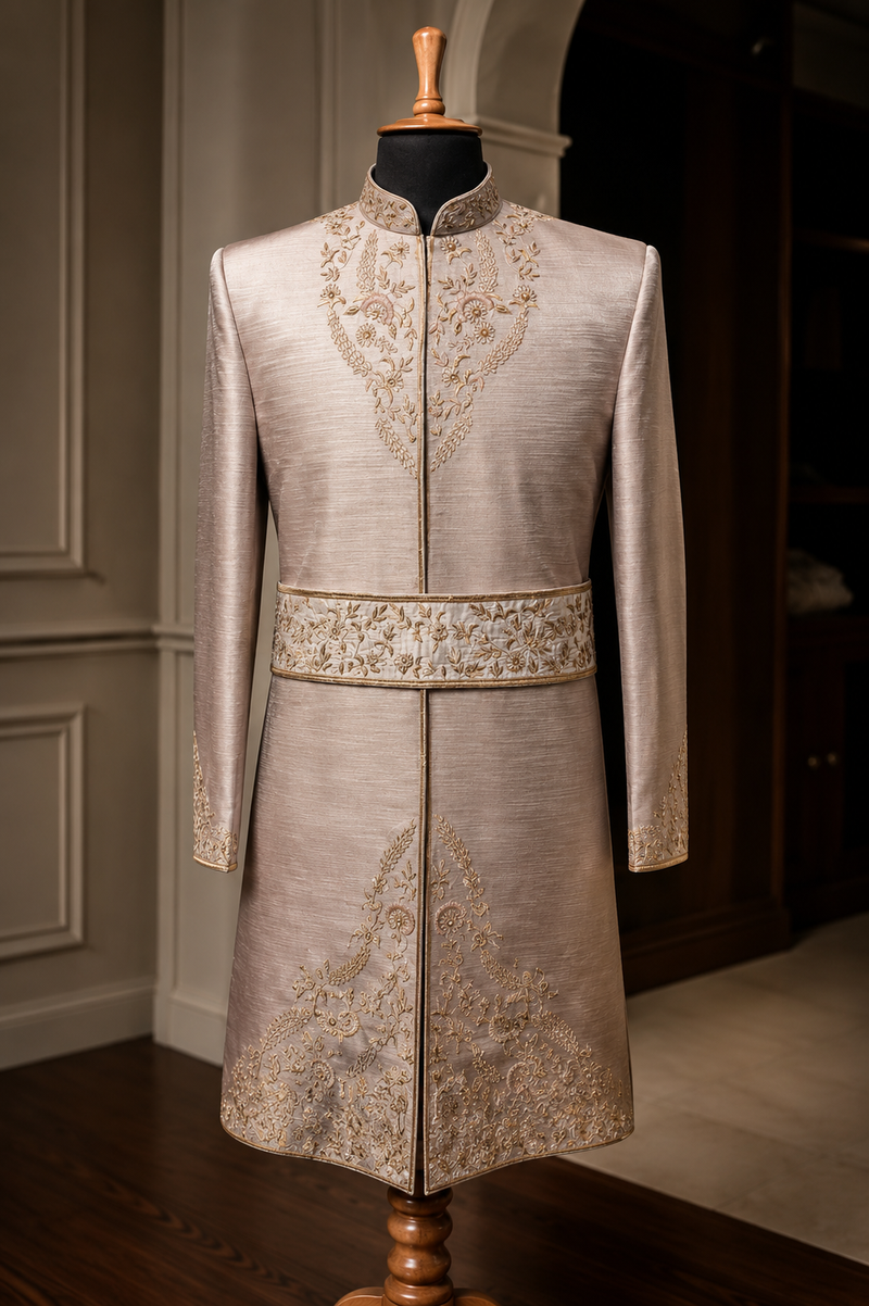 Luxury Satin Silk Slub Sherwani with Hand Embroidery & Embroidered Belt 