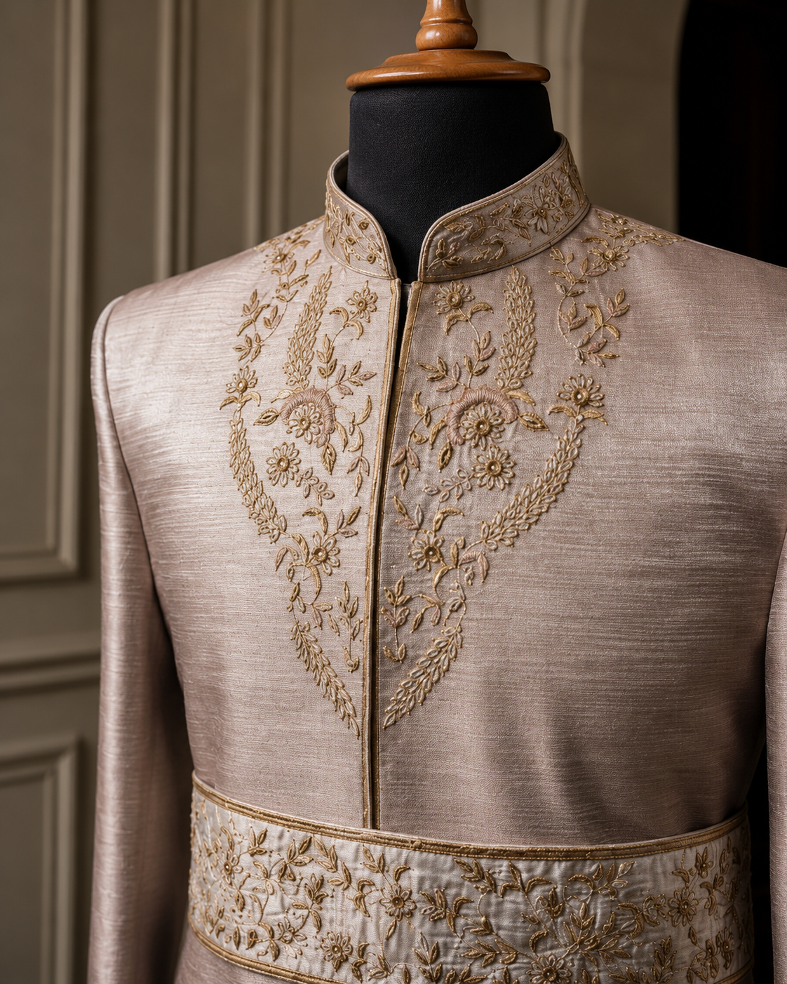 Satin silk slub sherwani hand embroidery compiled with belt