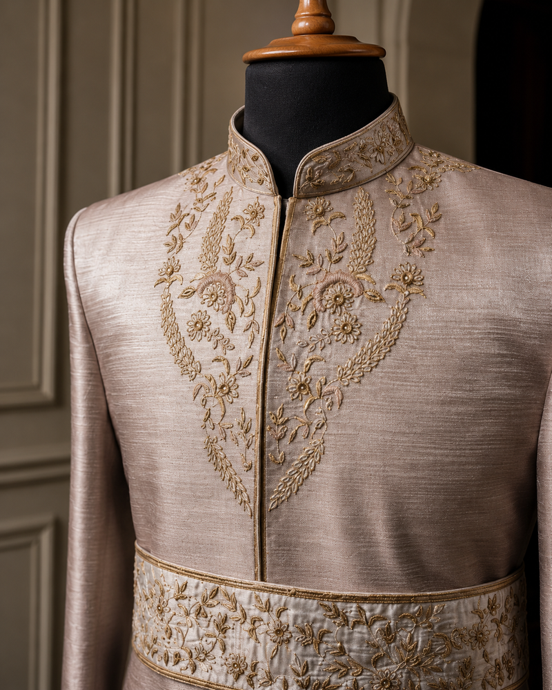 Luxury Satin Silk Slub Sherwani with Hand Embroidery & Embroidered Belt 
