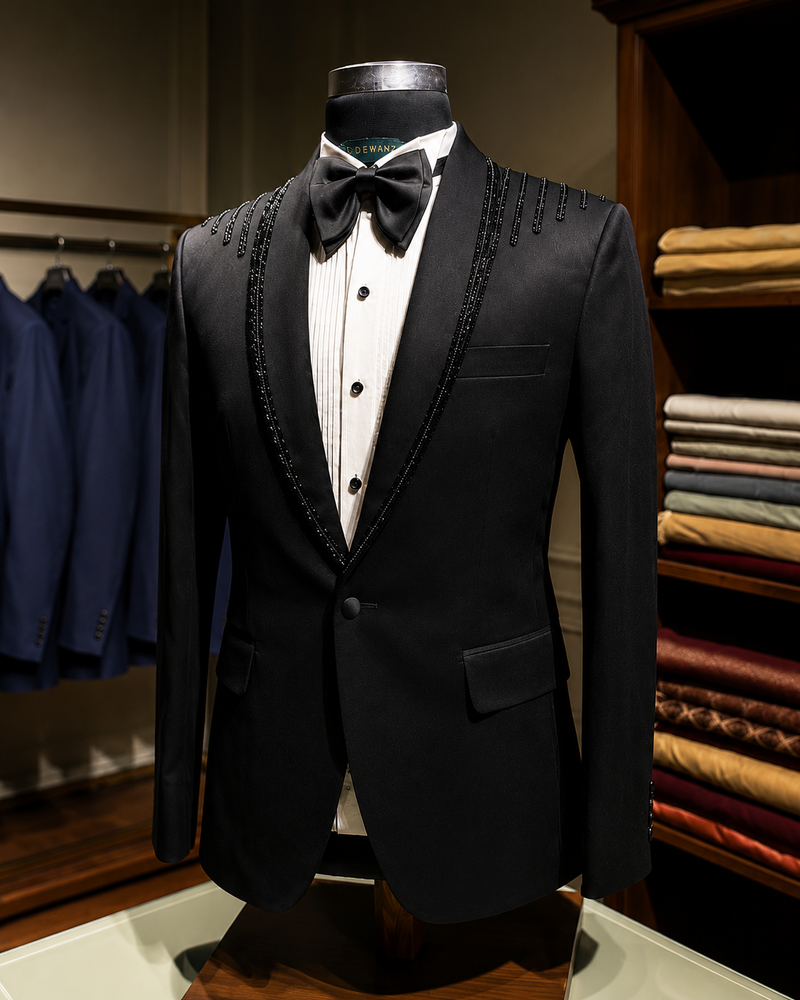 Luxury Black Tuxedo with Hand-Embroidered Shoulders & Lapels