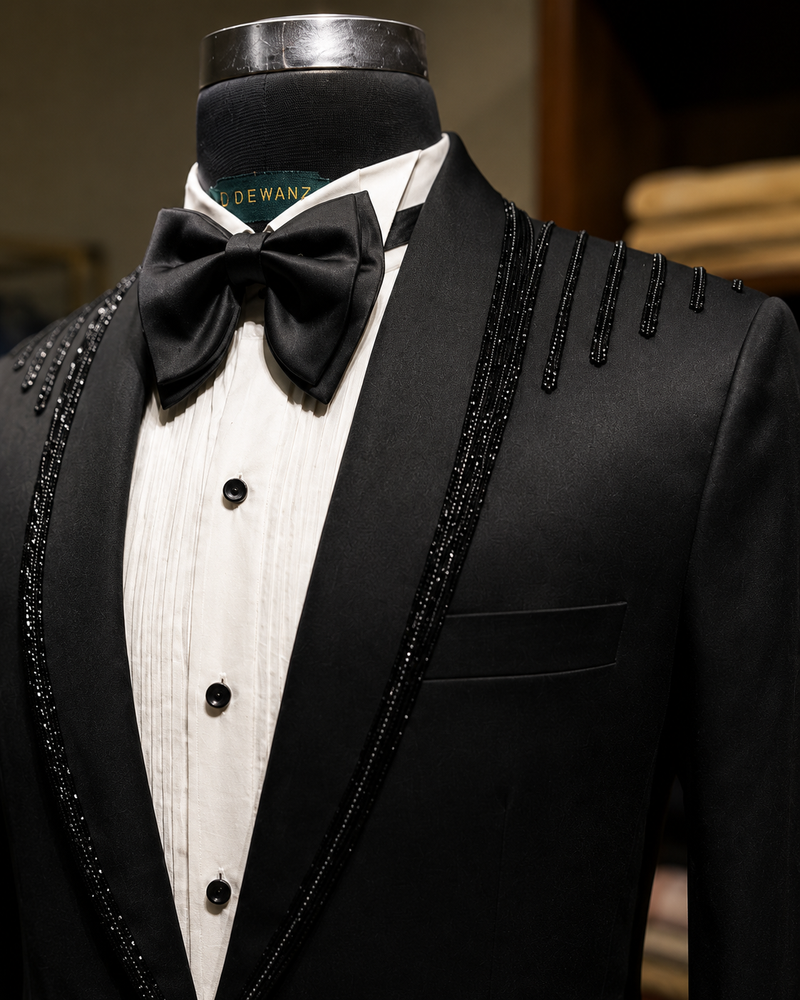 Luxury Black Tuxedo with Hand-Embroidered Shoulders & Lapels
