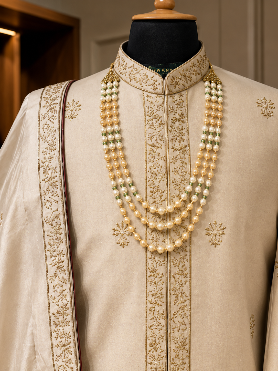 silk satin sherwani with zari embroidery detailing with stole and kurta pyjama