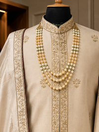 silk satin sherwani with zari embroidery detailing with stole and kurta pyjama