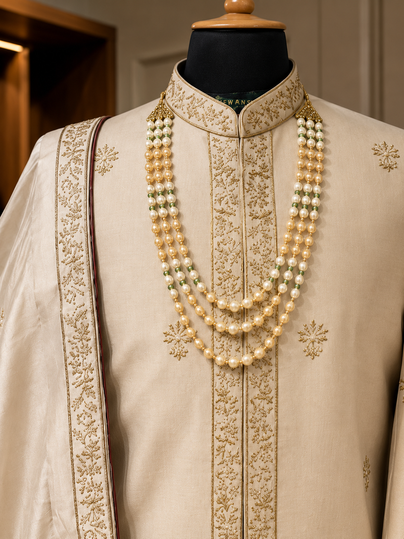 Luxury Silk Satin Sherwani with Zari Embroidery, Stole & Kurta Pyjama