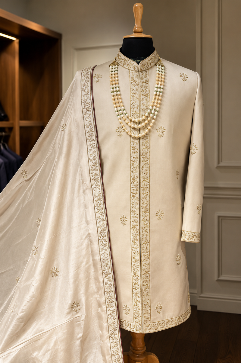 Luxury Silk Satin Sherwani with Zari Embroidery, Stole & Kurta Pyjama