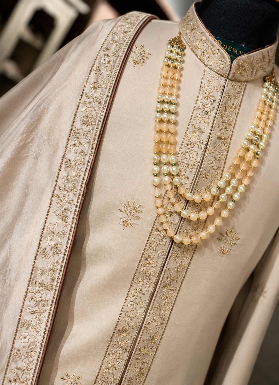 silk satin sherwani with zari embroidery detailing with stole and kurta pyjama