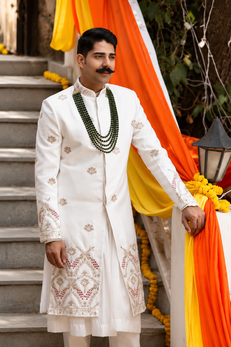Luxury Off-White Sherwani with Border & Boota Hand Embroidery