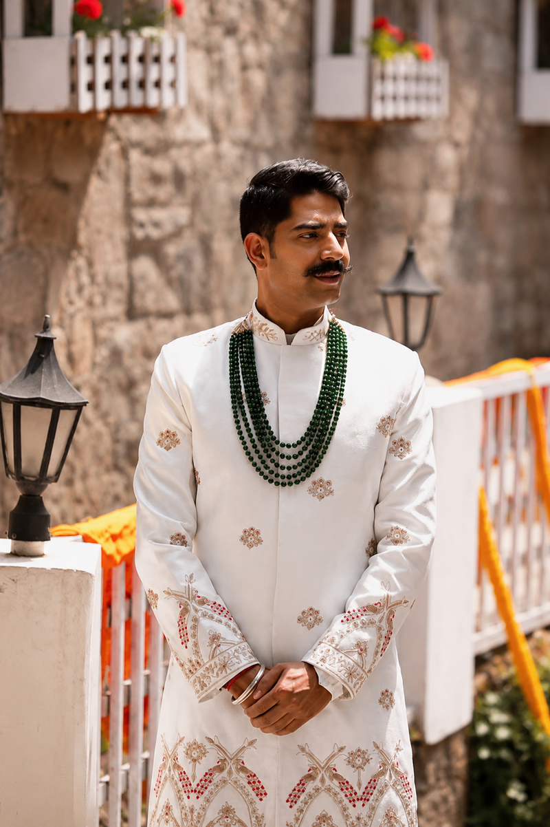 Luxury Off-White Sherwani with Border & Boota Hand Embroidery