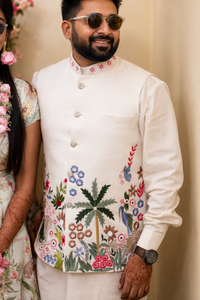 Hand embroidery multi color resham waistcoat plus monotone kurta pyjama