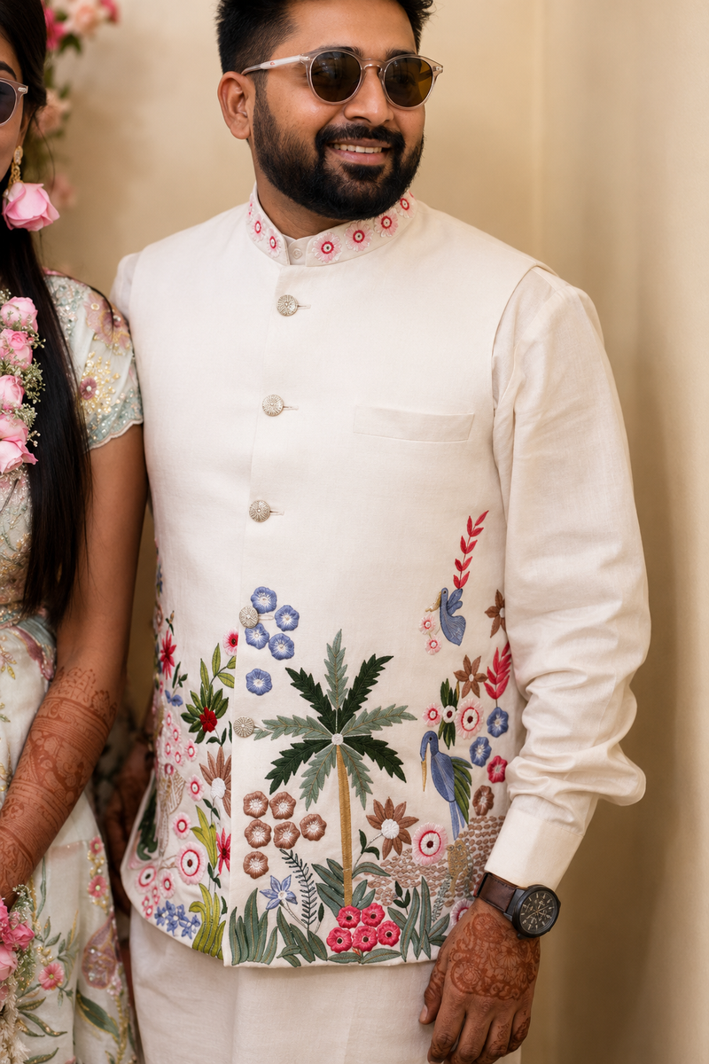 Luxury Hand-Embroidered Multicolour Resham Waistcoat with Monotone Kurta Pyjama