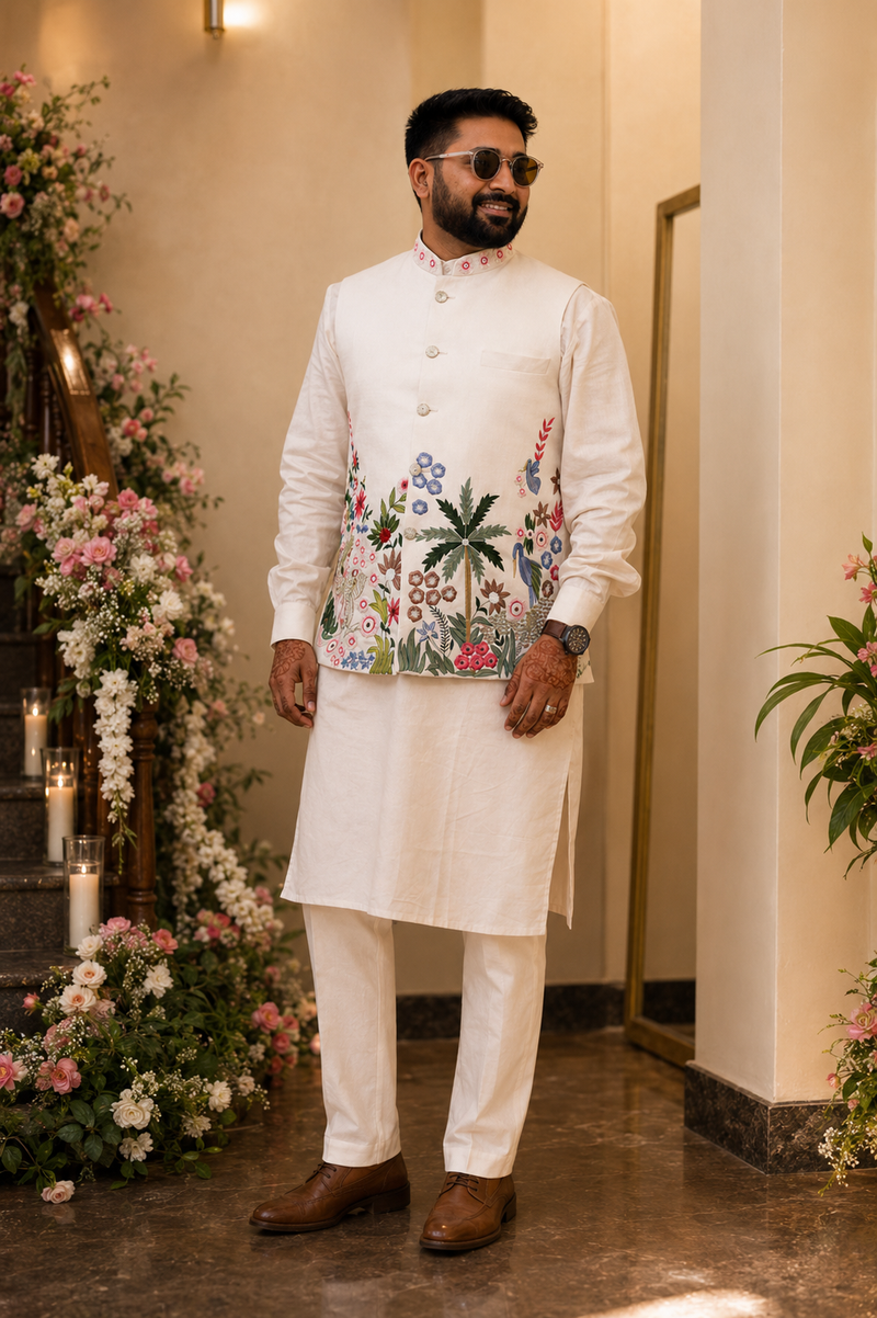 Luxury Hand-Embroidered Multicolour Resham Waistcoat with Monotone Kurta Pyjama