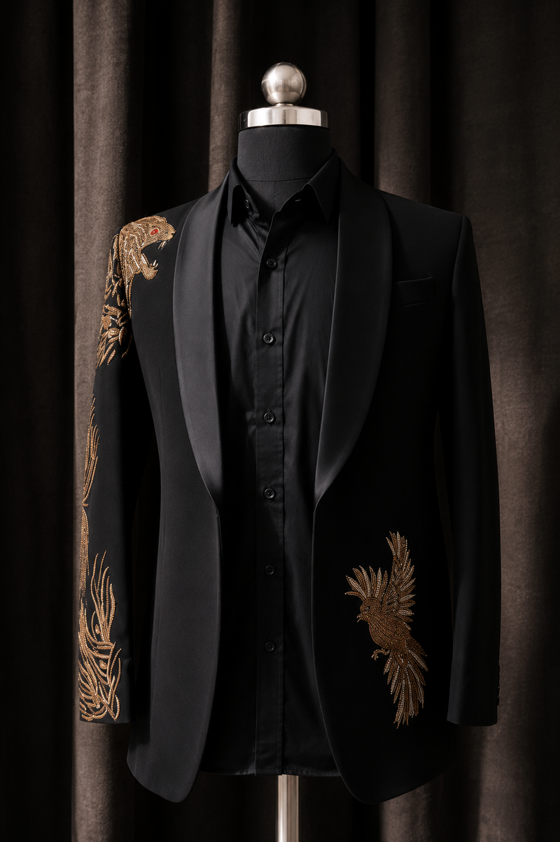 Luxury Black Japanese Tuxedo with Satin Lapel & Antique Gold Animal Motifs