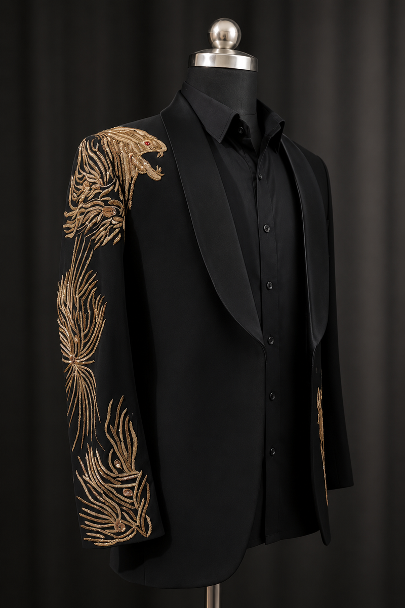 Luxury Black Japanese Tuxedo with Satin Lapel & Antique Gold Animal Motifs