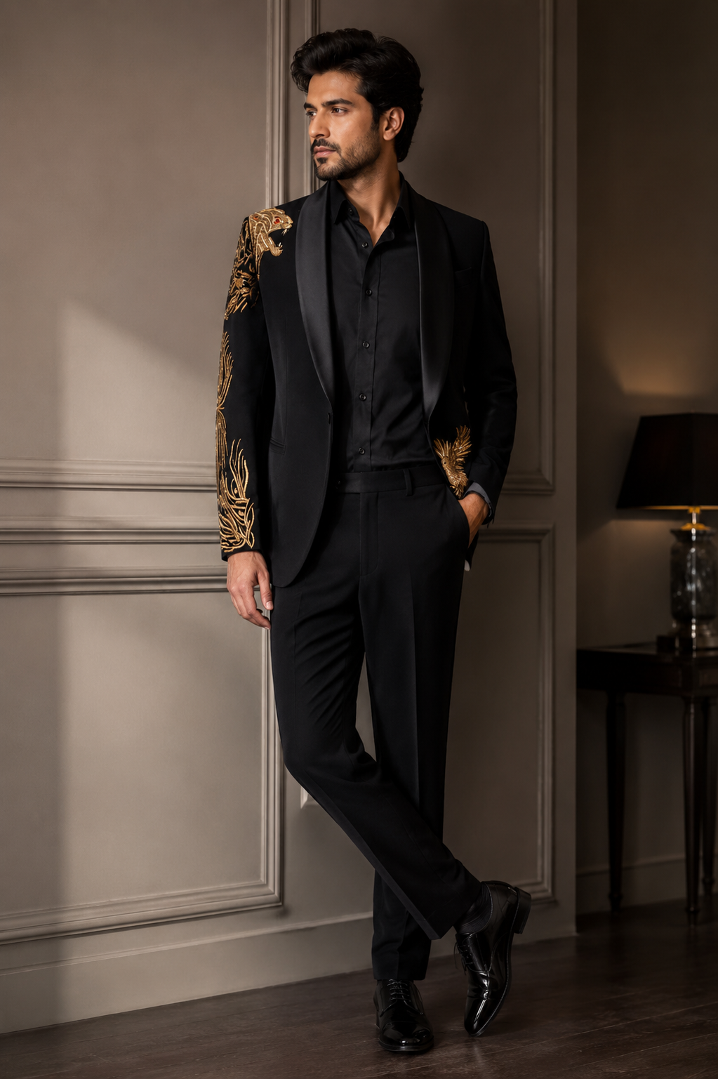 Black japanese tux with satin lapel and antique gold animal motif