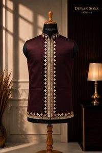 Rich Wine Embroidered Nehru Jacket