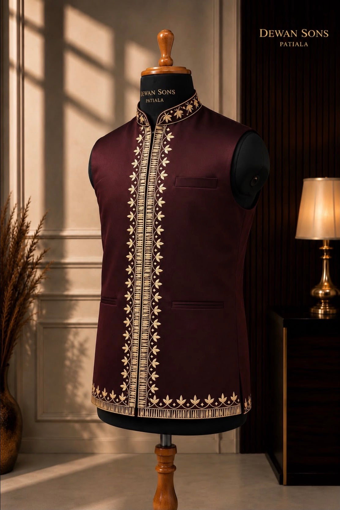 Rich Wine Embroidered Nehru Jacket
