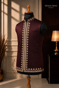 Rich Wine Embroidered Nehru Jacket