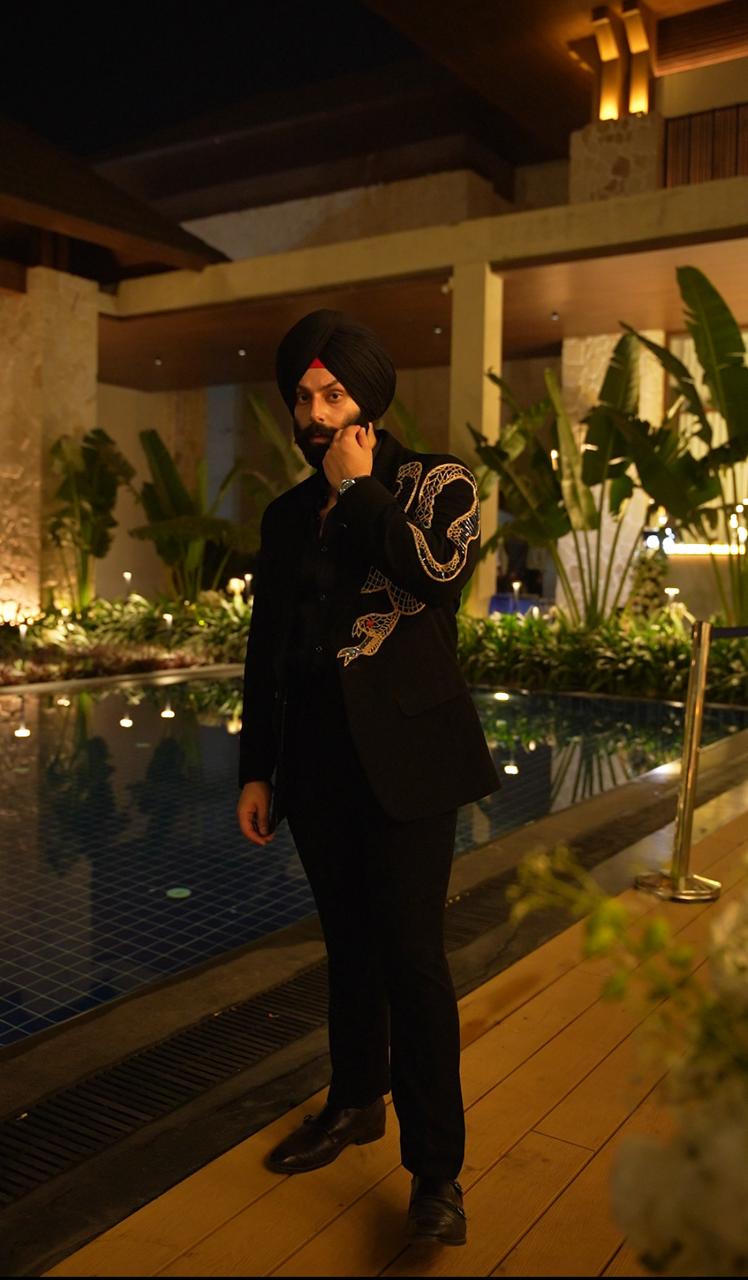Black Japanese Suit with Hand Embroidered Snake Motif | Luxury Designer Tuxedo for Men